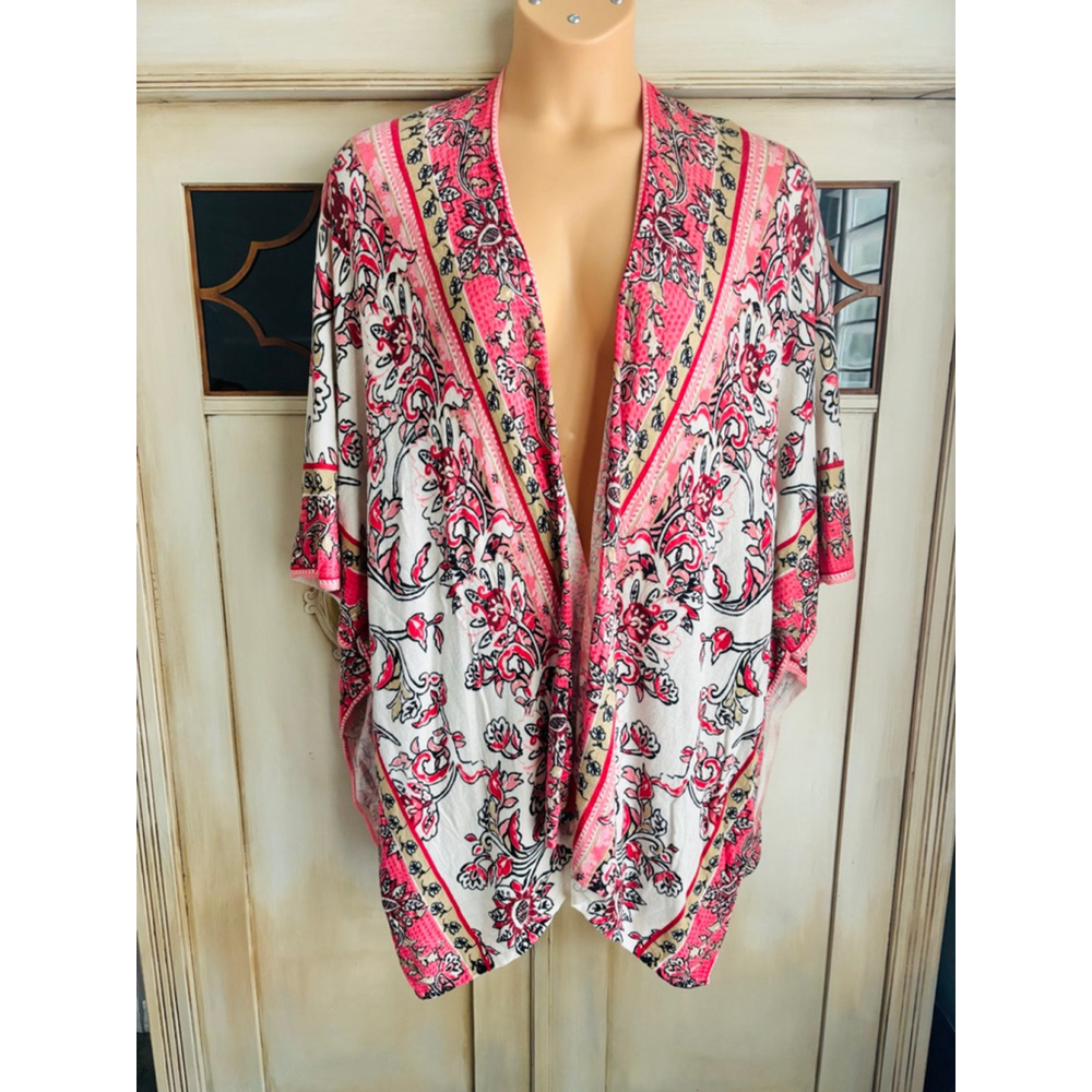 VGUC Fine Gauge Knit Chicos Floral Paisley Bright Wearable Art Kimono | Sz Lg/XL